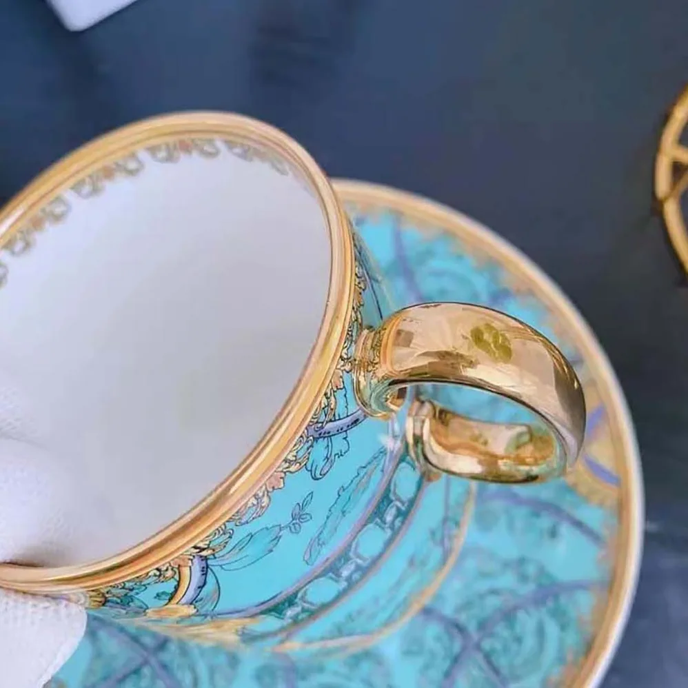 Versace Scala Del Palazzo Coffee Set Includes a Coffee Cup with Handle and a Matching Saucer in Blue