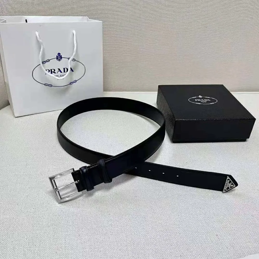 Prada Leather Belt with Enameled-Metal Triangle Logo for Women in Black Prada Leather Belt with Enameled-Metal Triangle Logo for Women in Black