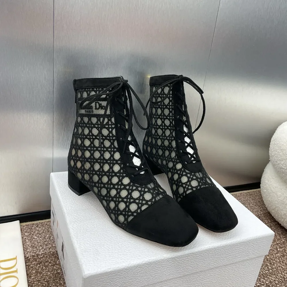 Dior Naughtily-D Heeled Ankle Boot Transparent Mesh Embroidered with Black Cannage Motif for Women Dior Naughtily-D Heeled Ankle Boot Transparent Mesh Embroidered with Black Cannage Motif for Women