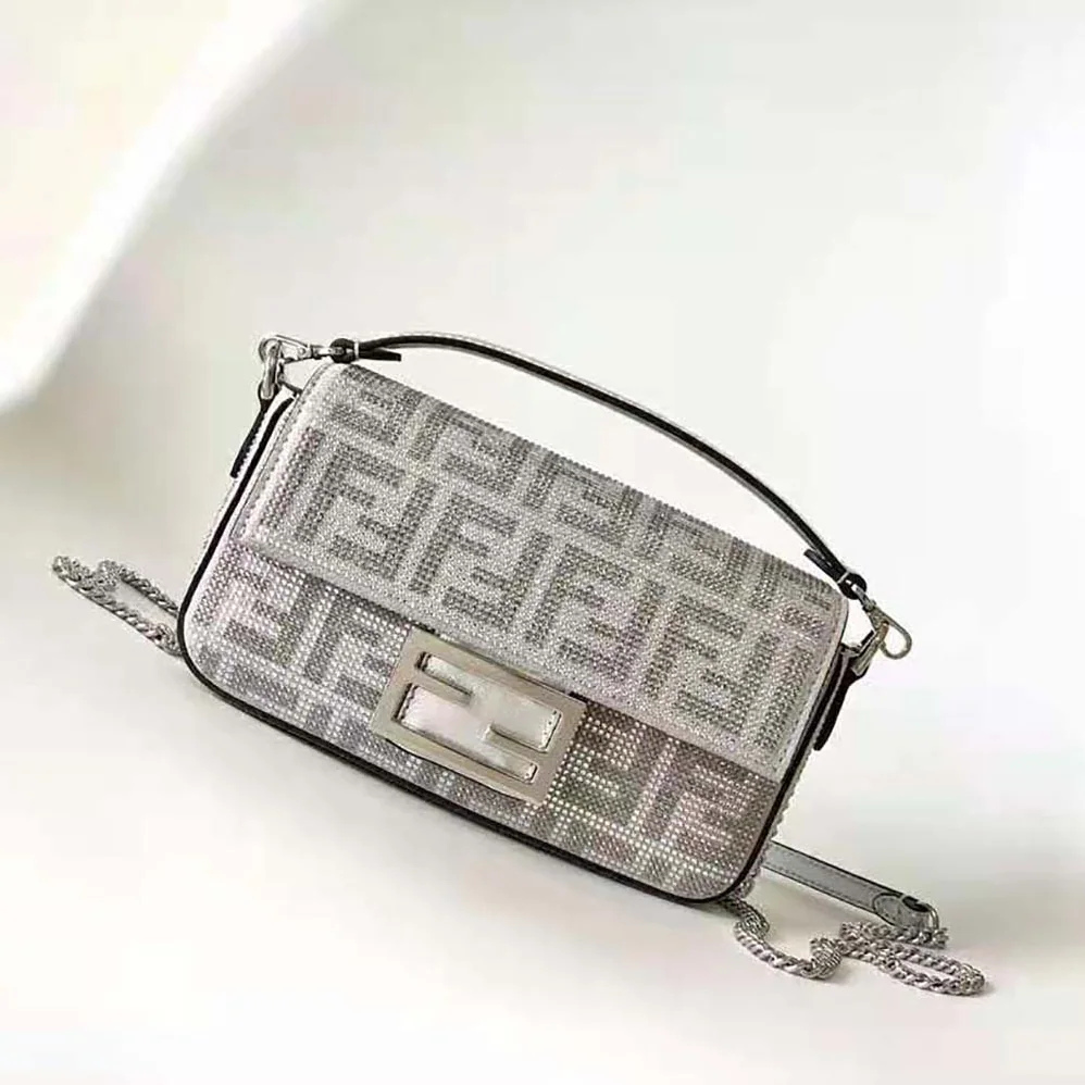 Fendi Baguette Mini Silver Leather Bag with Crystal FF Motif for Women Fendi Baguette Mini Silver Leather Bag with Crystal FF Motif for Women