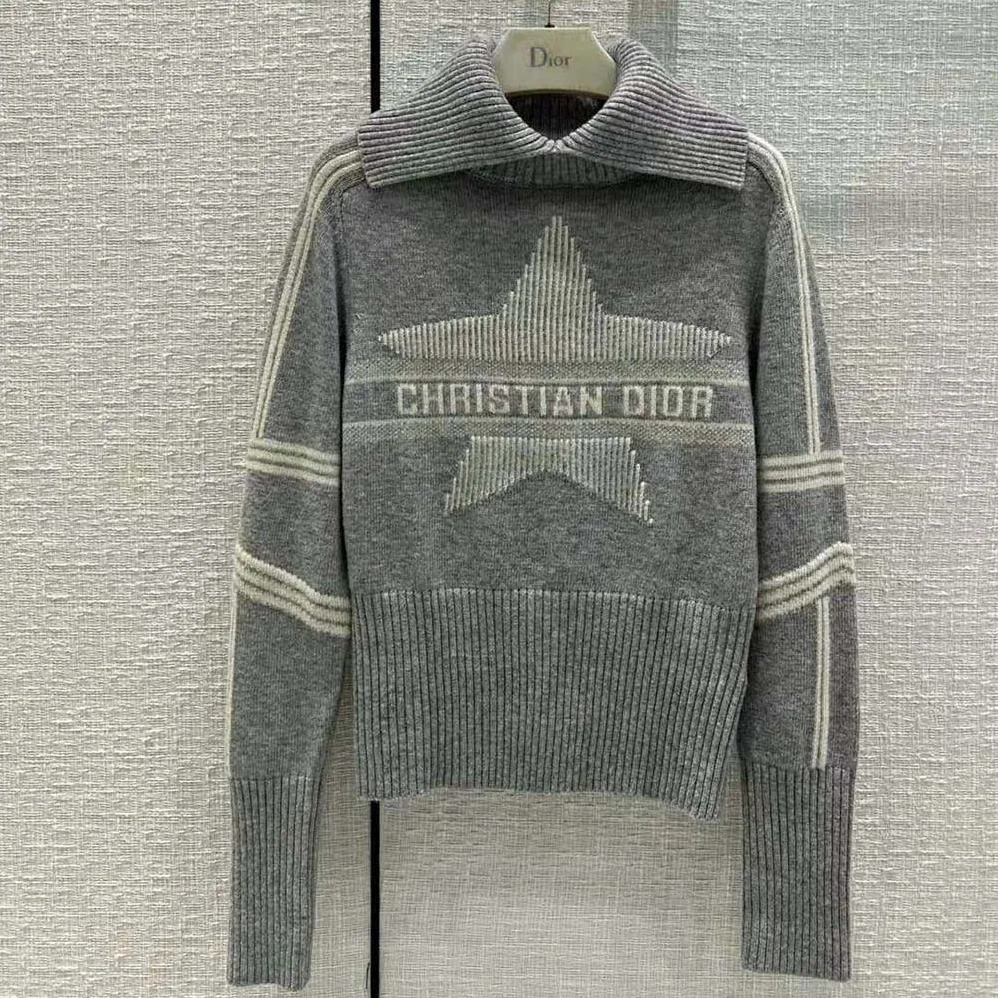Dior Dioralps Stand-Collar Sweater Gray and White Three-Tone Dior Star Wool and Cashmere Knit for Women Dior Dioralps Stand-Collar Sweater Gray and White Three-Tone Dior Star Wool and Cashmere Knit for Women