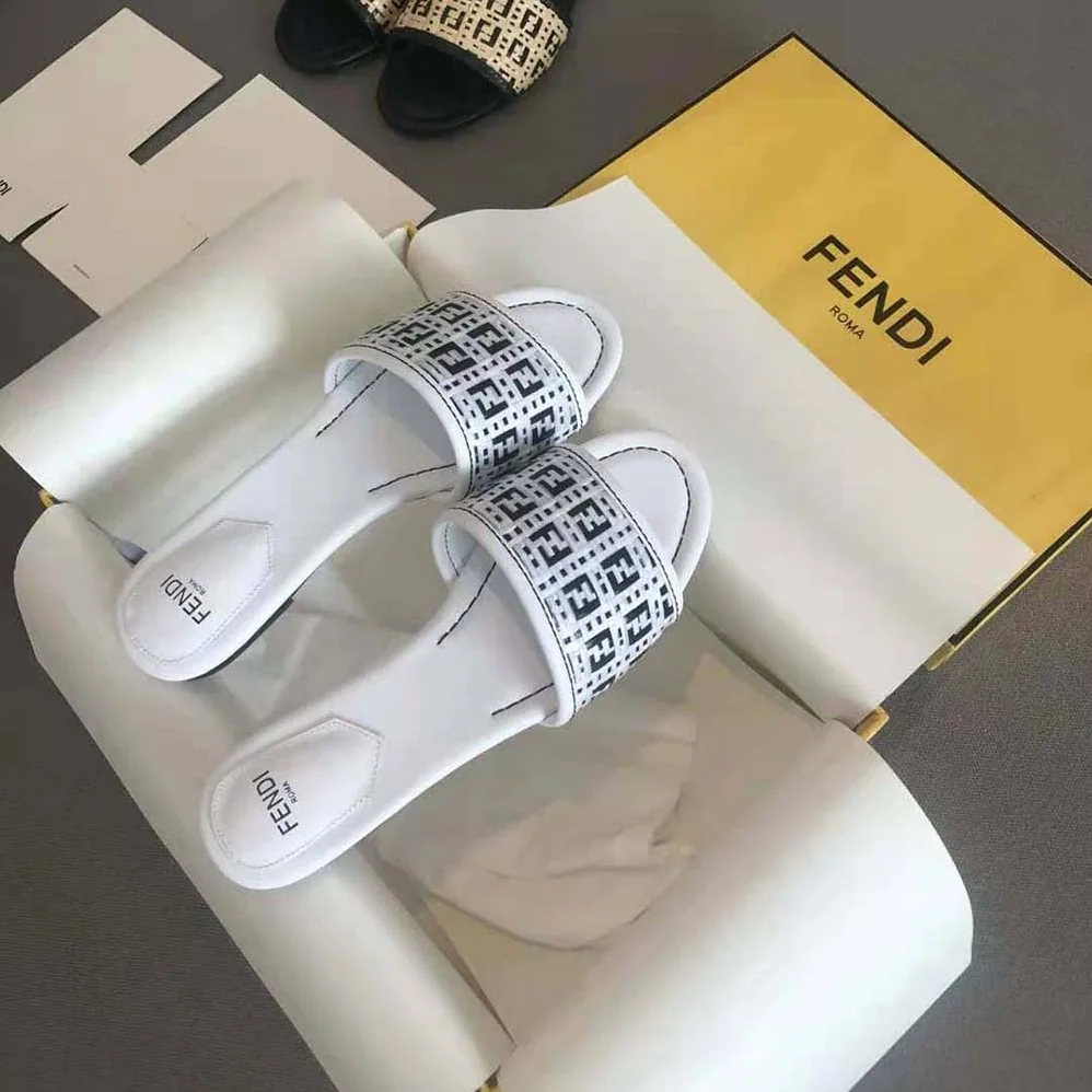 Fendi FF Interlace Slides White Leather Slides for Women Fendi FF Interlace Slides White Leather Slides for Women