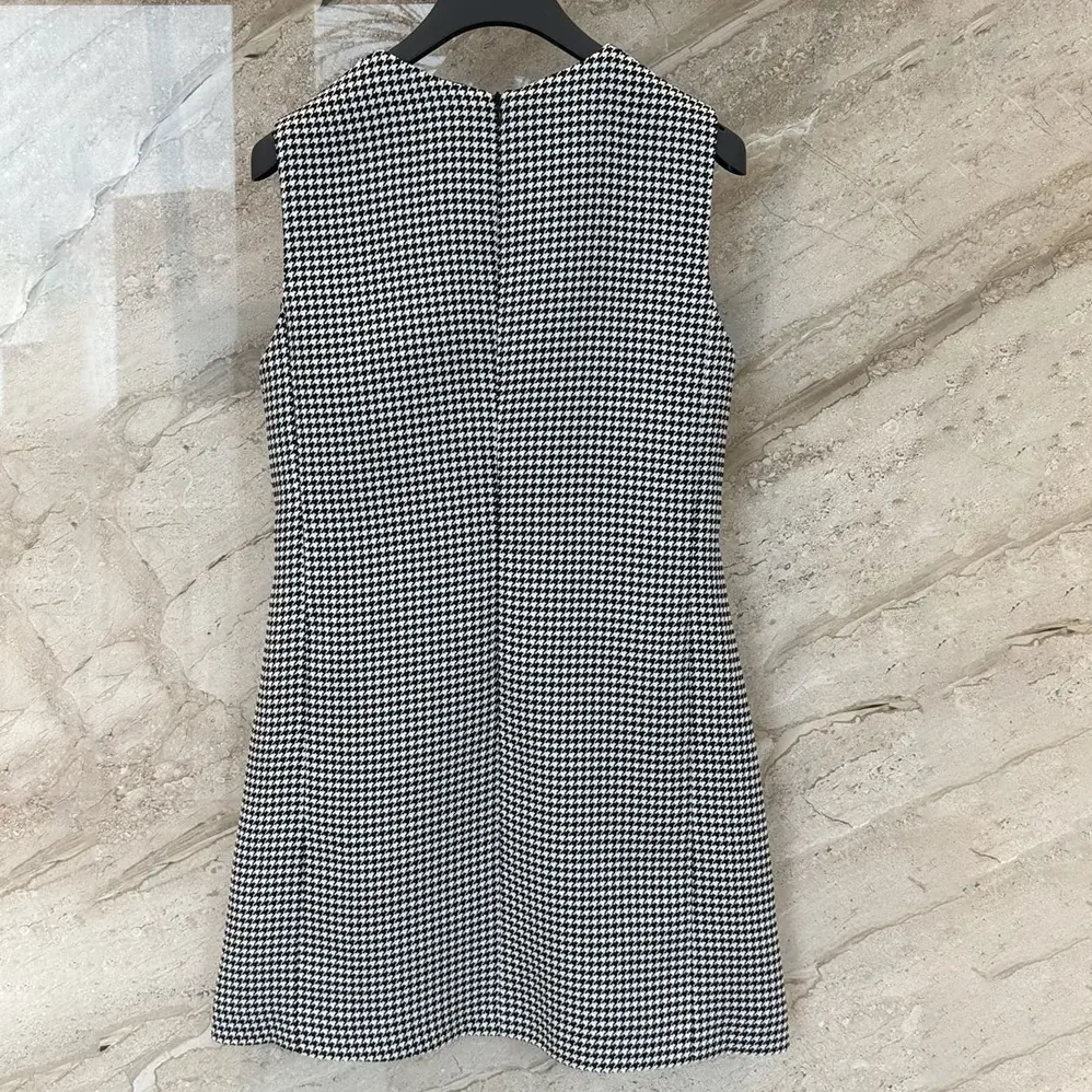 Dior Straight-Cut Short Dress Black and White Houndstooth Virgin Wool Blend for Women