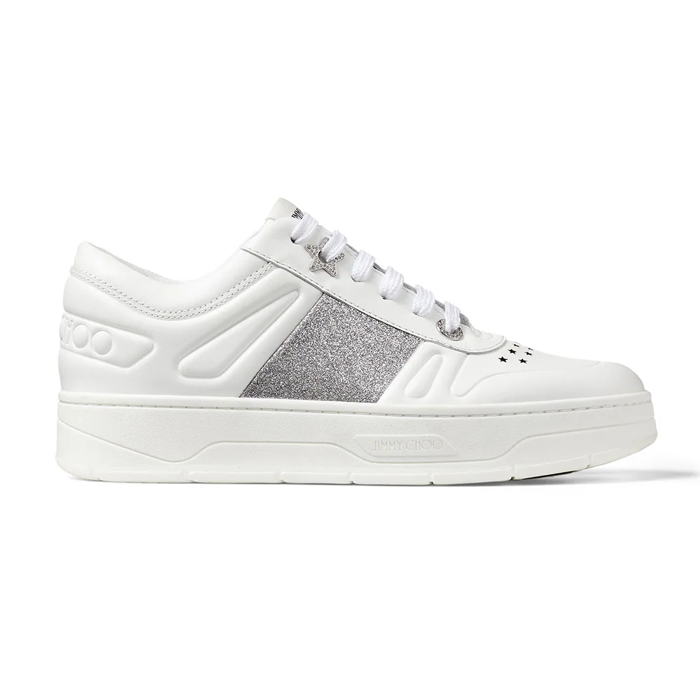 Jimmy Choo Hawaii/f White Calf Leather Lace-Up Trainers with Glitter Stripe for Women Jimmy Choo Hawaii/f White Calf Leather Lace-Up Trainers with Glitter Stripe for Women