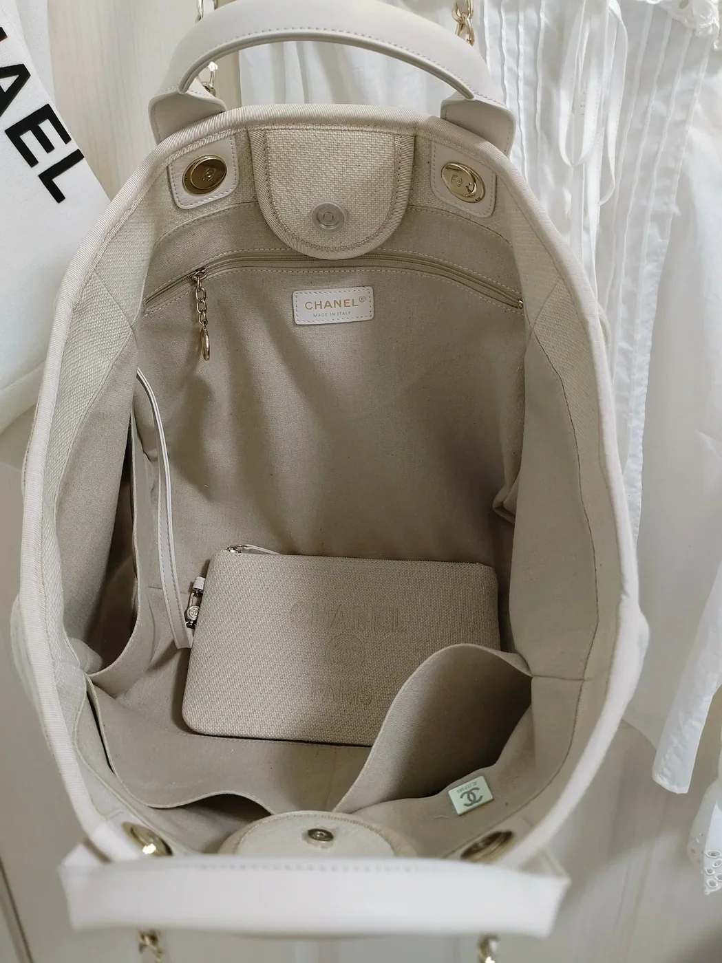 Chanel Deauville Tote Bag in White Gold Hardware