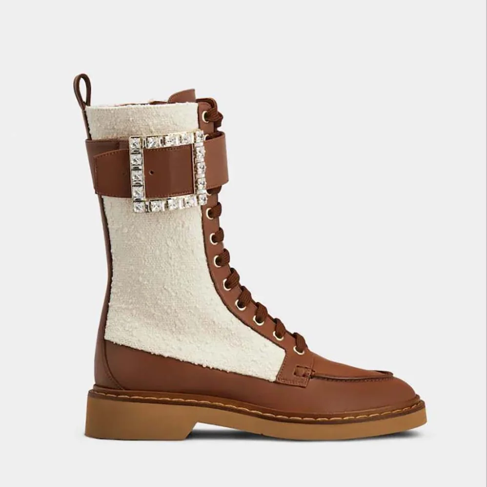 Roger Vivier Viv' Rangers Strass Buckle Boots in Fabrics for Women Roger Vivier Viv' Rangers Strass Buckle Boots in Fabrics for Women