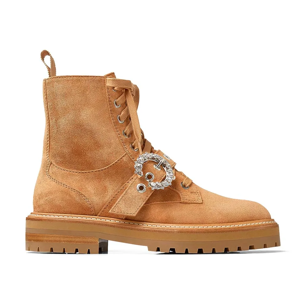 Jimmy Choo Cora Flat/Crystal Caramel Suede Combat Boots with Crystal Buckle for Women Jimmy Choo Cora Flat/Crystal Caramel Suede Combat Boots with Crystal Buckle for Women