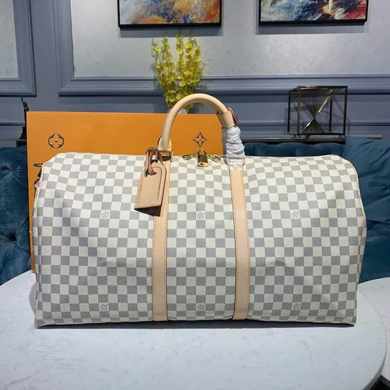 Louis Vuitton Keepall Bandouliere 55 Travel Bag in Damier Azur Gold Hardware Louis Vuitton Keepall Bandouliere 55 Travel Bag in Damier Azur Gold Hardware