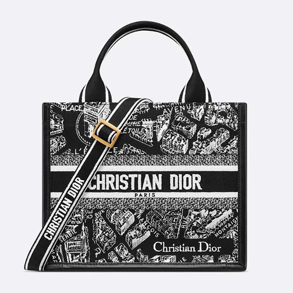 Dior Small Dior Book Tote Black and White Plan de Paris Embroidery with Black Calfskin for Women
