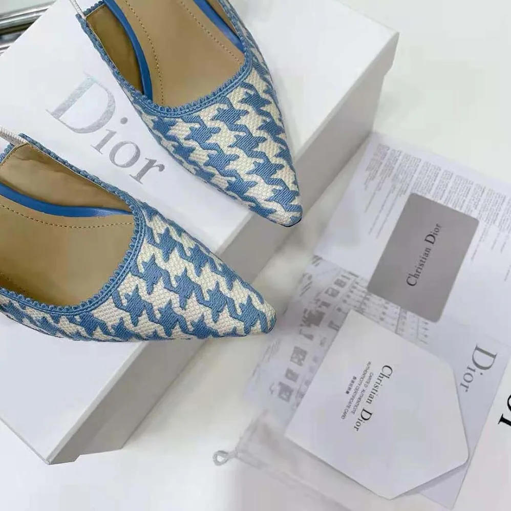 Dior J Adior Slingback Pump Cornflower Blue Cotton Embroidery with Micro Houndstooth Motif for Women Dior J Adior Slingback Pump Cornflower Blue Cotton Embroidery with Micro Houndstooth Motif for Women