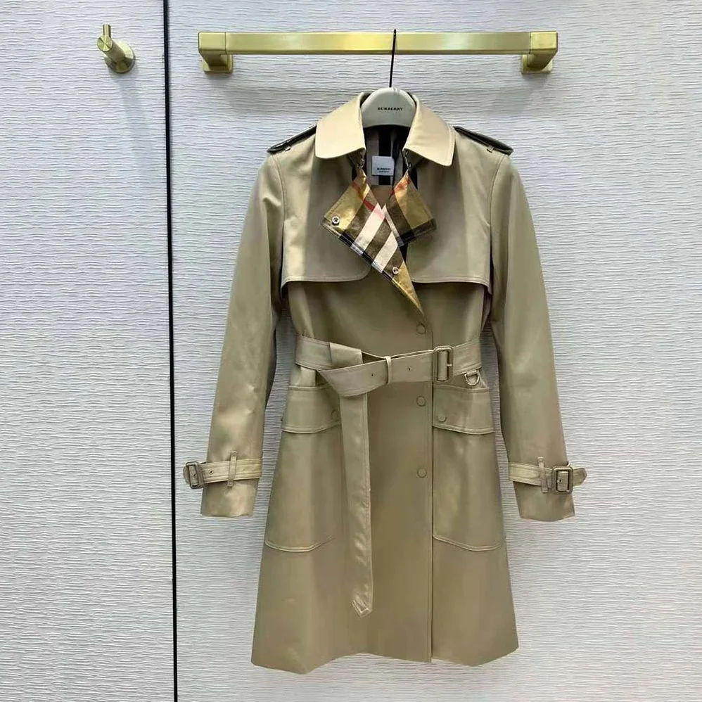 Burberry Check Panel Cotton Gabardine Trench Coat for Women in Beige