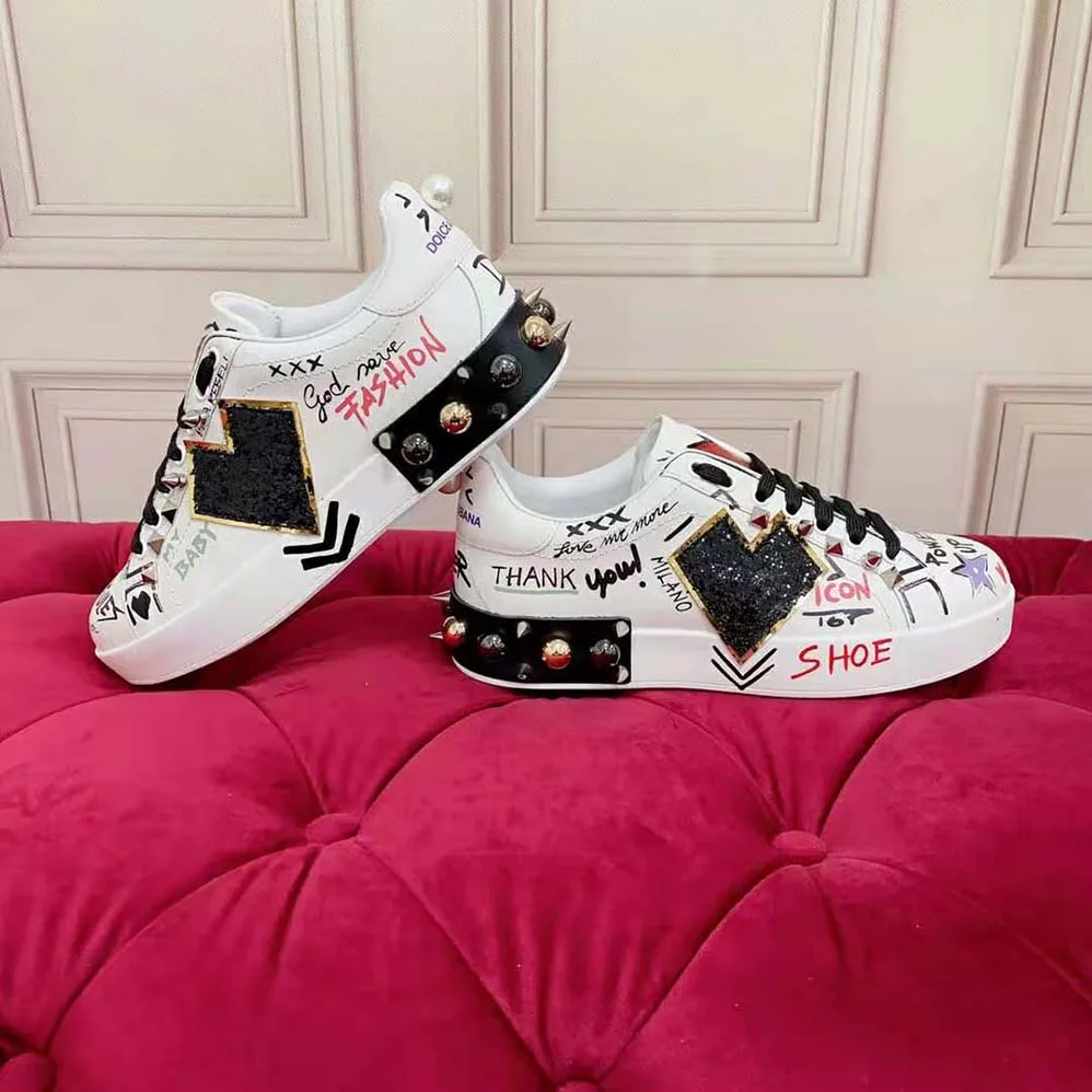 Dolce Gabbana D&G Printed Calfskin Portofino Sneakers with Patch for Unisex