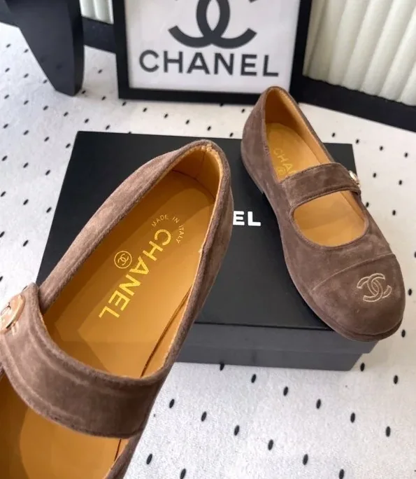 Chanel Mary Jane Flats Brown Suede