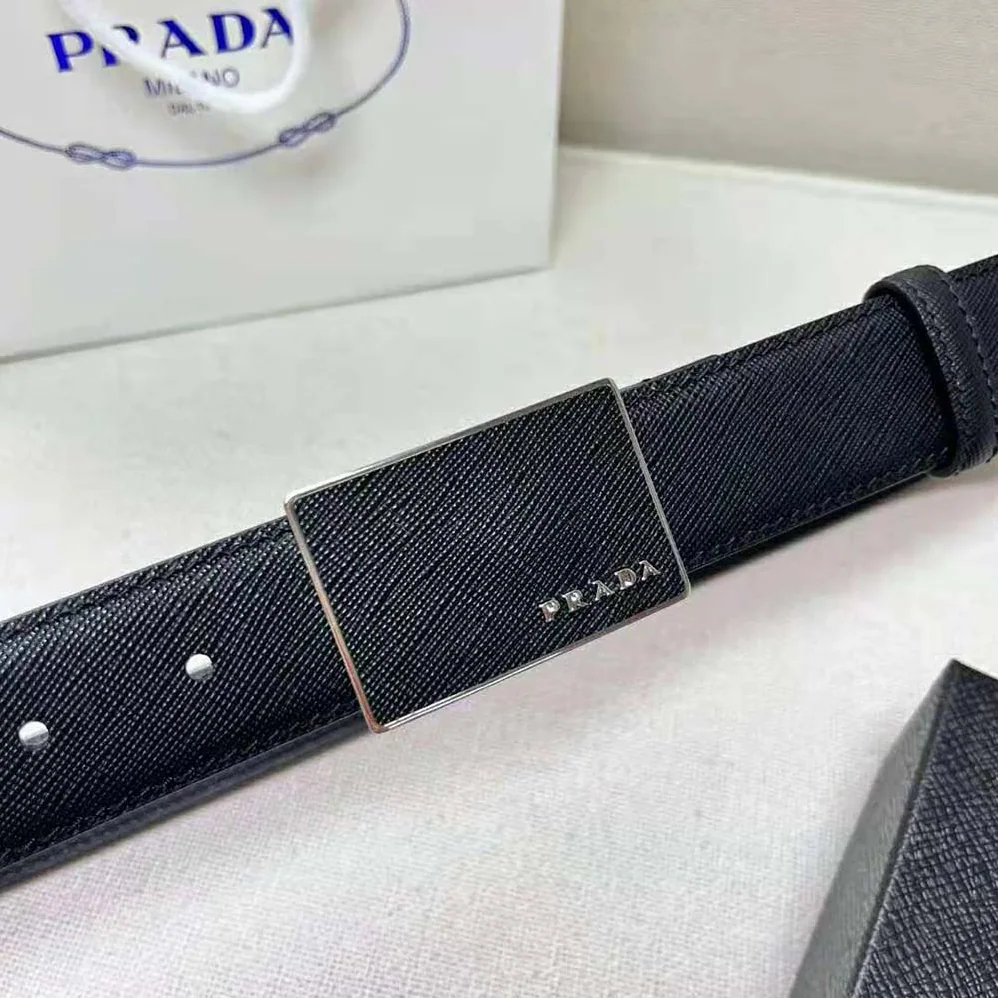Prada Saffiano Leather Belt with Metal Lettering Logo for Men in Black Prada Saffiano Leather Belt with Metal Lettering Logo for Men in Black