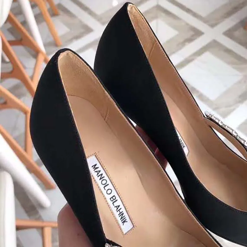 Manolo Blahnik Shoes Nadira Satin Jewel Buckle Pumps 90mm Heel for Women in Black