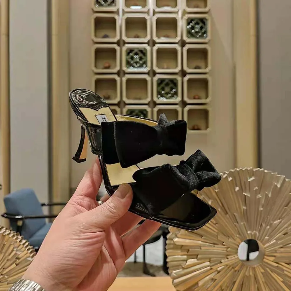 Jimmy Choo Flaca Sandal 100 Black Patent Sandal with Velvet Bow for Women Jimmy Choo Flaca Sandal 100 Black Patent Sandal with Velvet Bow for Women