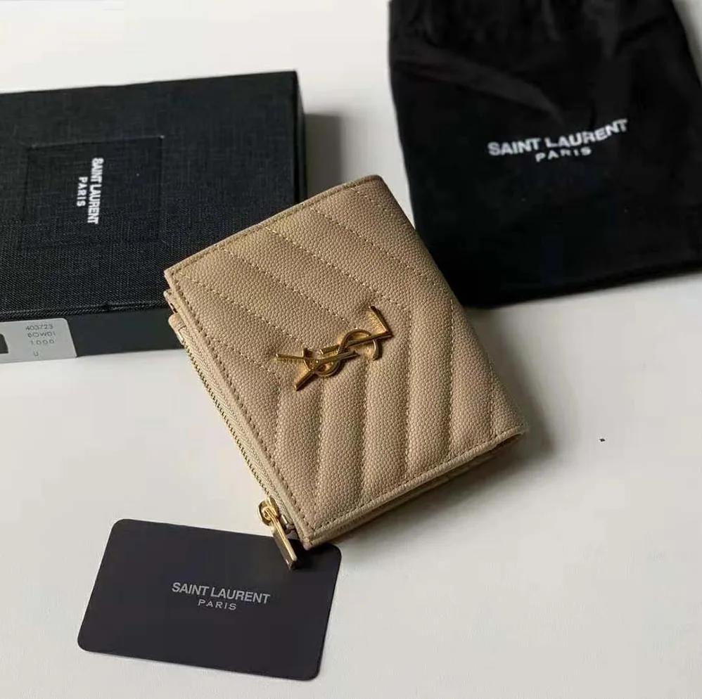 Saint Laurent YSL Monogram Zipped Card Case in Grain DE Poudre Embossed Leather for Women in Pink Saint Laurent YSL Monogram Zipped Card Case in Grain DE Poudre Embossed Leather for Women in Pink