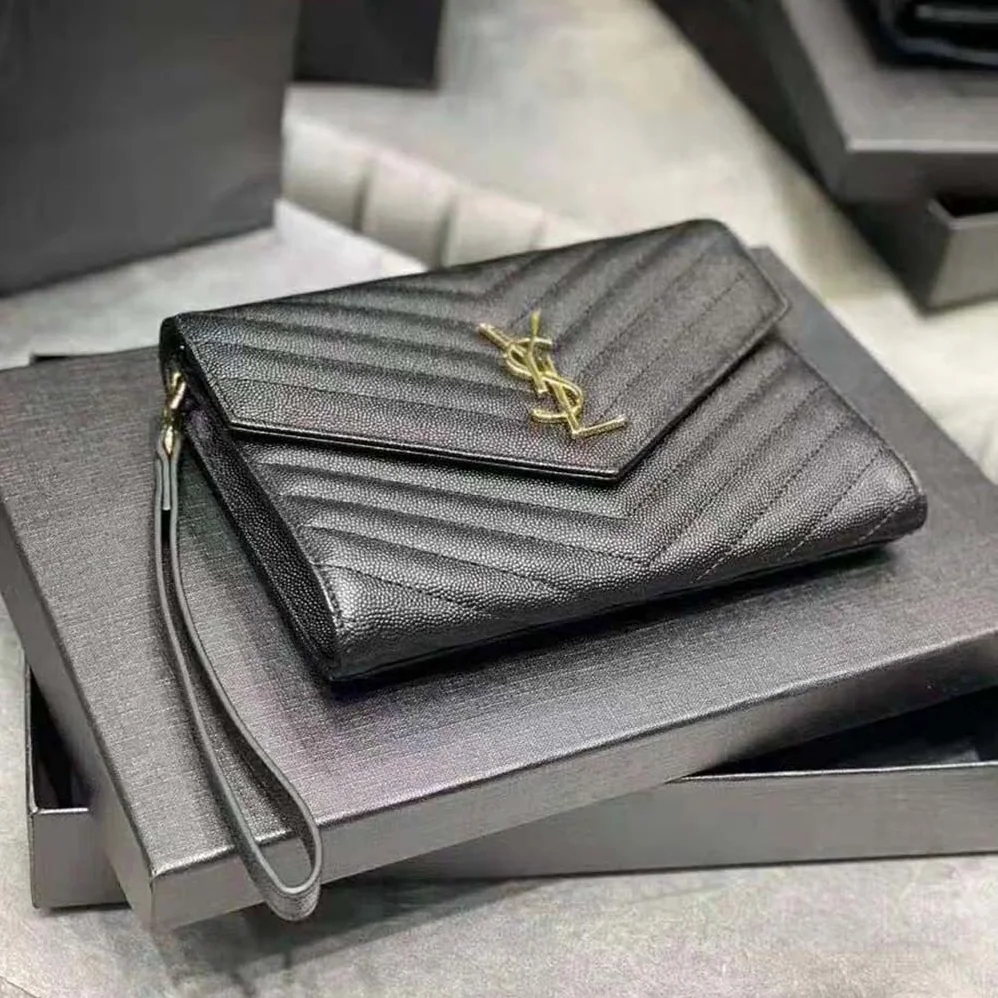 Saint Laurent YSL Monogram Clutch in Quilted Grain de Poudre Embossed Leather for Women in Black Saint Laurent YSL Monogram Clutch in Quilted Grain de Poudre Embossed Leather for Women in Black
