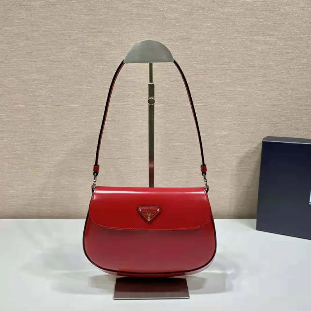 Prada Cleo Brushed Leather Shoulder Bag with Flap for Women in Red