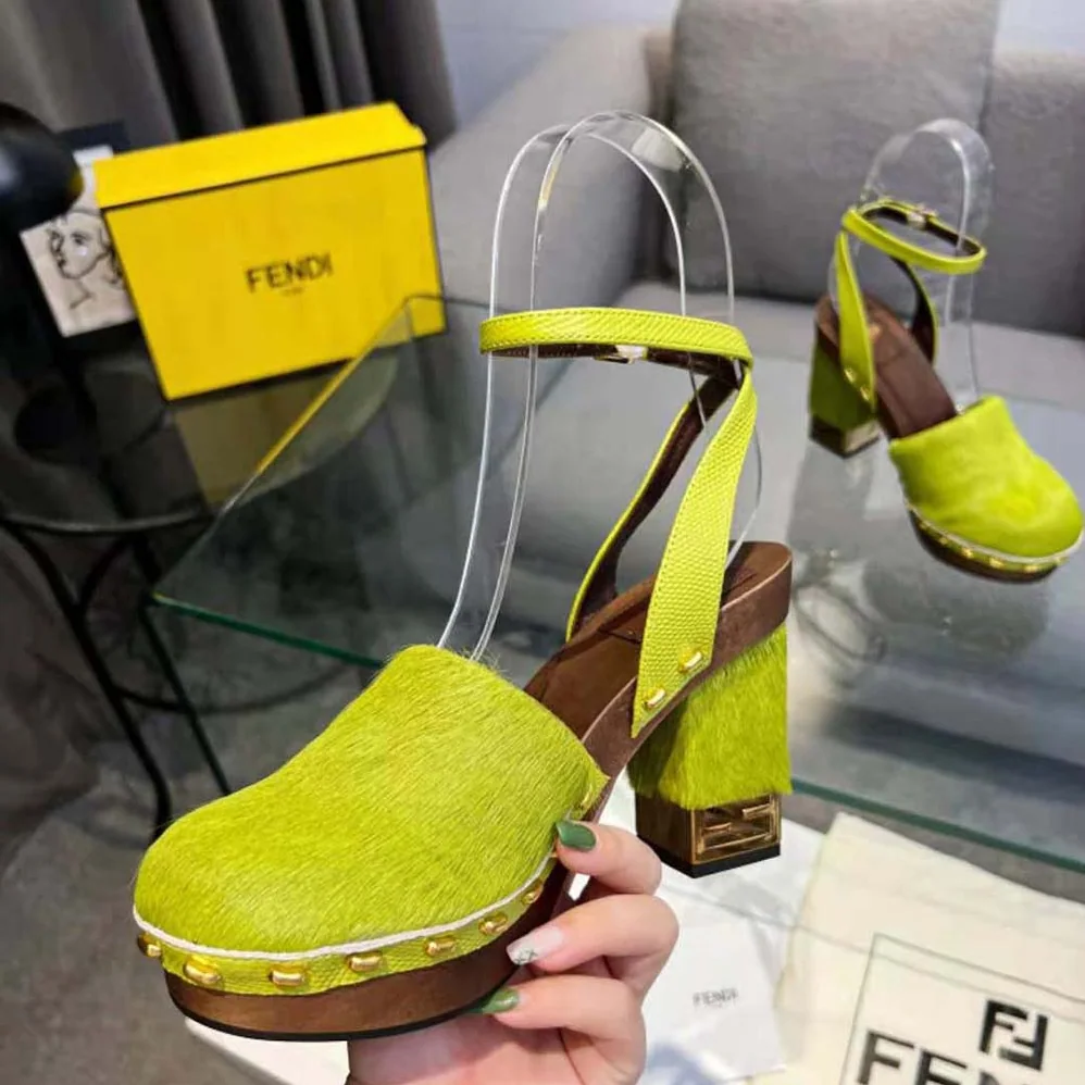 Fendi Baguette Show Green Pony Hair High for Women in Heeled Clogs Fendi Baguette Show Green Pony Hair High for Women in Heeled Clogs