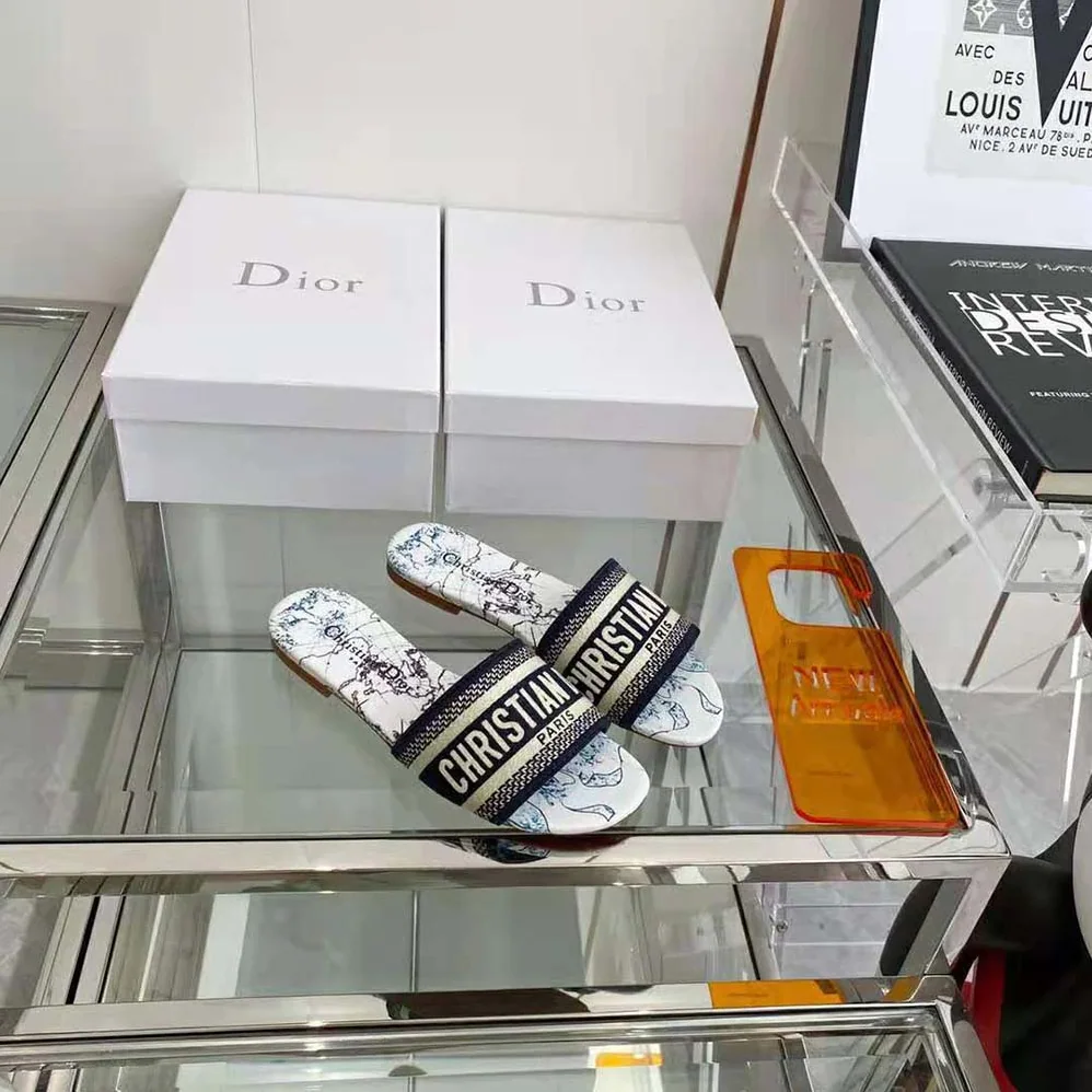 Dior Dway Slide Blue Dior Around the World Embroidered Cotton for Women Dior Dway Slide Blue Dior Around the World Embroidered Cotton for Women