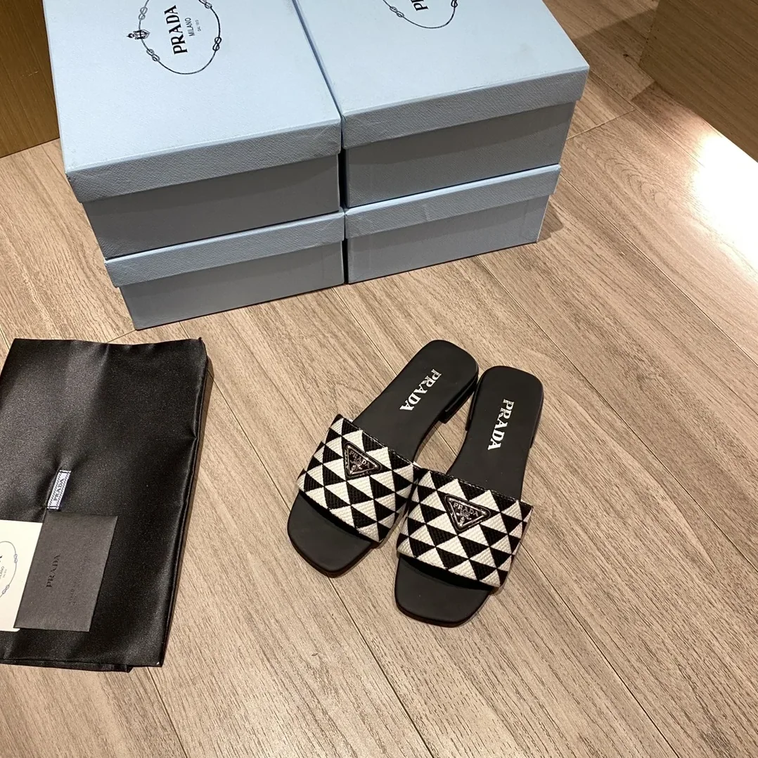 Prada Embroidered Fabric Slides Black in White / PRD