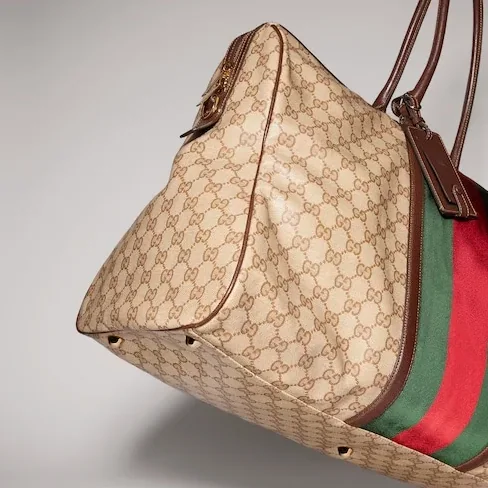 Gucci GG Medium In Web Duffle Bag / Sand/ Dark Brown Gold Hardware Gucci GG Medium In Web Duffle Bag / Sand/ Dark Brown Gold Hardware