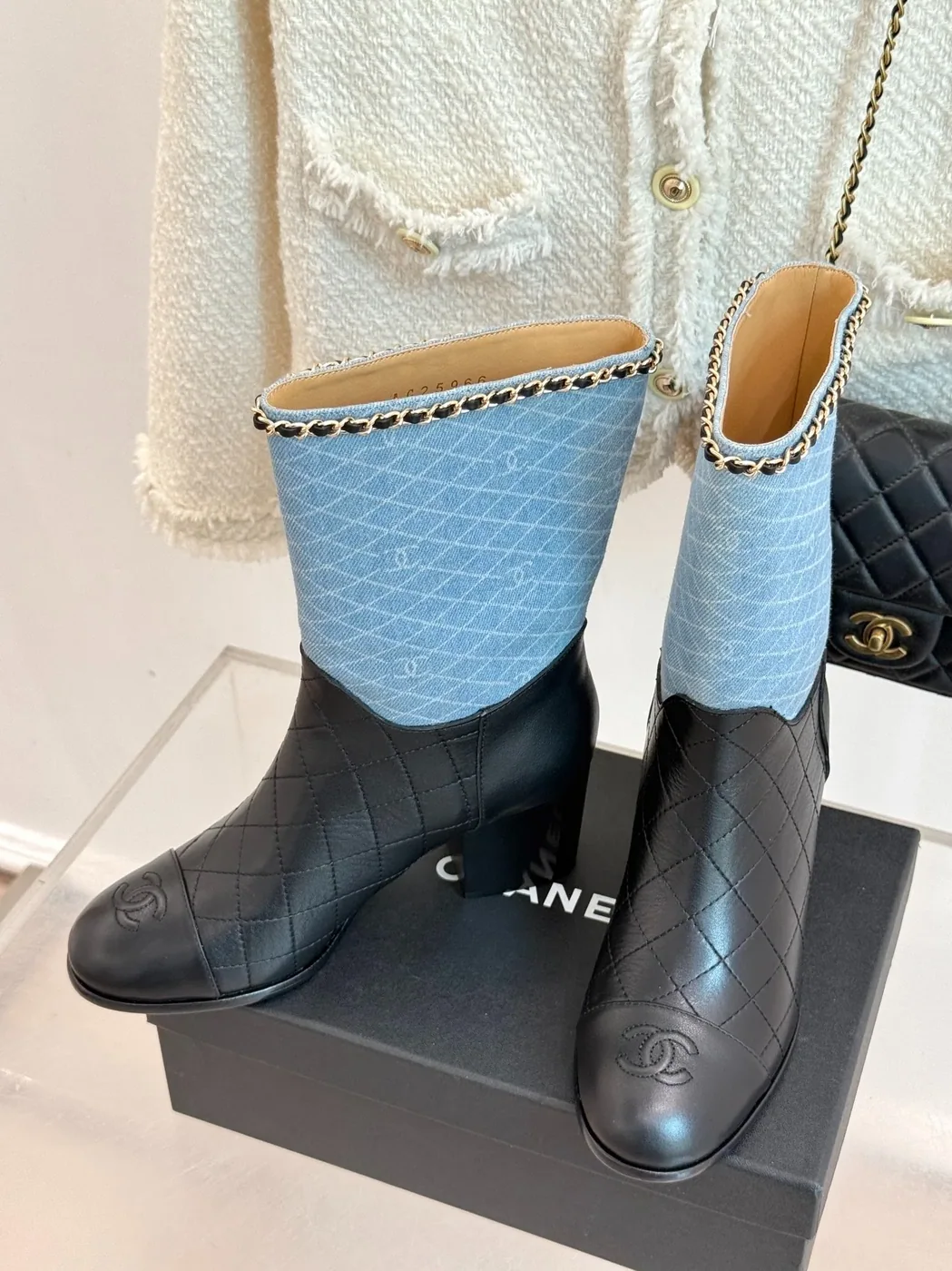 Chanel Double C Chunky Heel Boots With Chain Detail Light Blue Denim