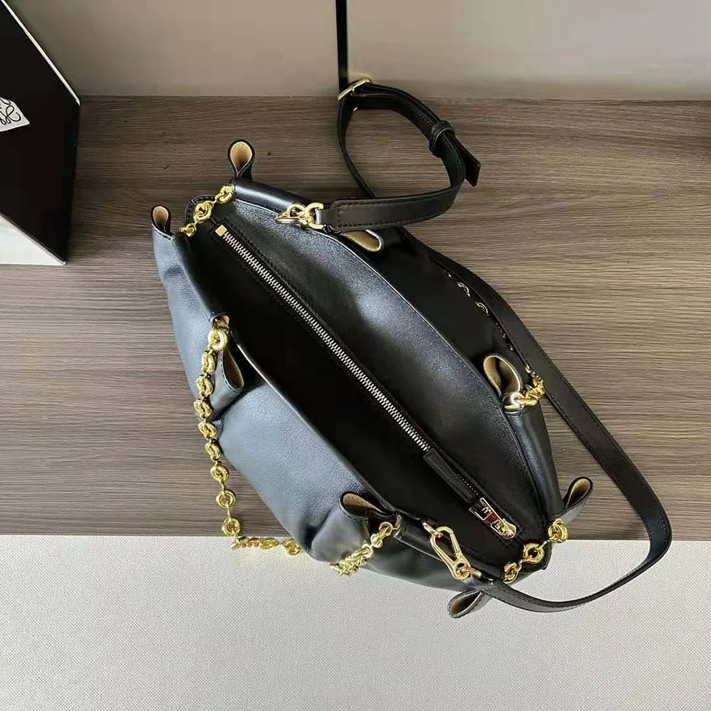 Loewe Small Paseo Bag in Shiny Nappa Calfskin with Chain for Women in Black