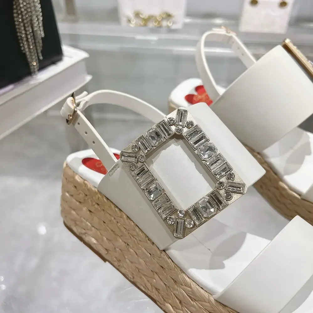 Roger Vivier Strass Buckle Raffia Wedge Sandals in Leather for Women Roger Vivier Strass Buckle Raffia Wedge Sandals in Leather for Women