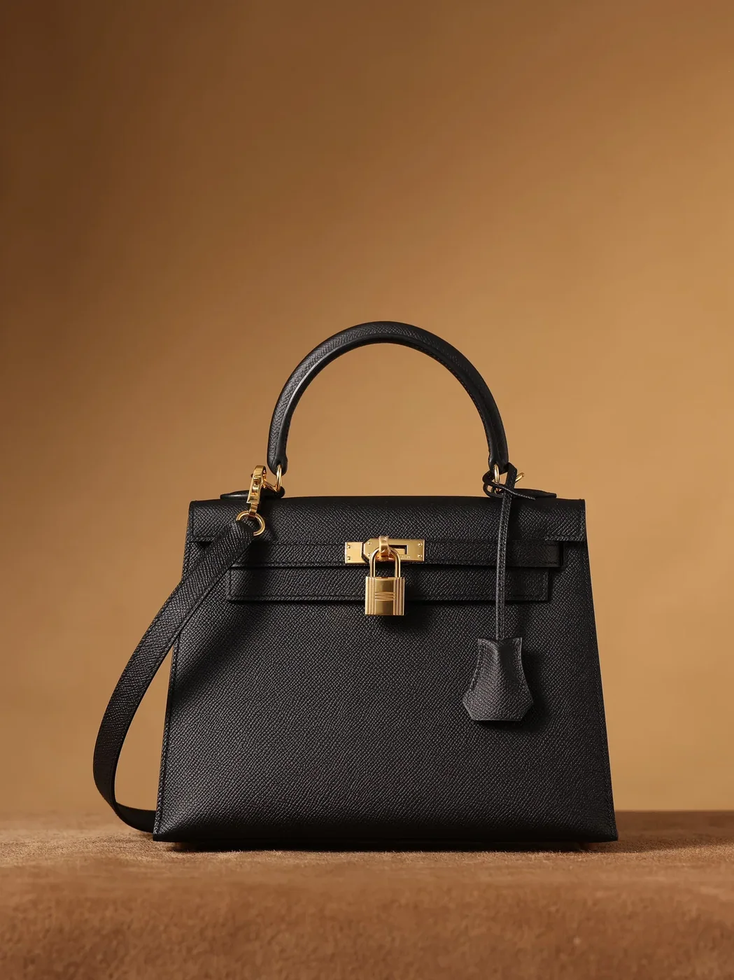 Hermes Kelly Epsom Gold Tone Lock Bag Black 9,/