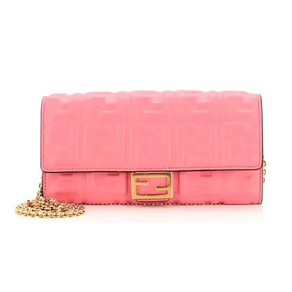Fendi Baguette Continental Wallet With Chain Pink Nappa Leather Wallet for Women