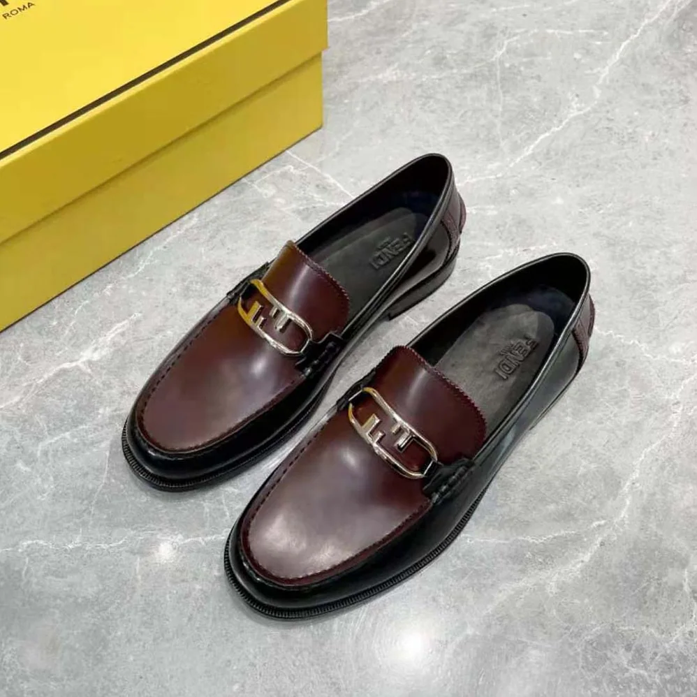 Fendi Maroon Leather Loafers with Fendi O'Lock Motif for Men Fendi Maroon Leather Loafers with Fendi O'Lock Motif for Men