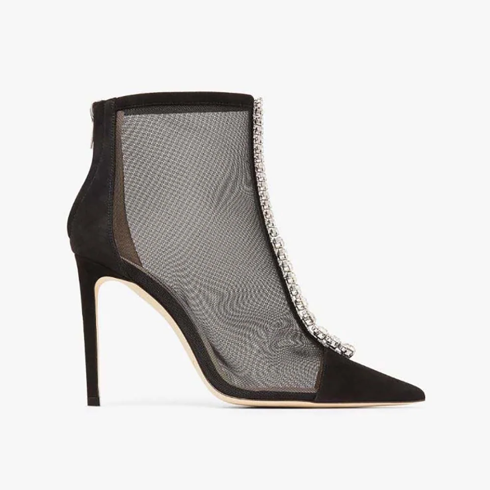 Jimmy Choo Bing Boot 100 Black Suede and Mesh Ankle Boots with Crystal Embellishment for Women