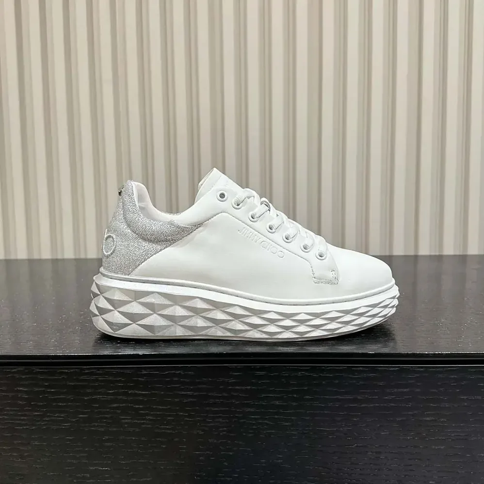 Jimmy Choo Diamond Maxi/F II White & Silver Nappa Leather Glitter Trainers for Women Jimmy Choo Diamond Maxi/F II White & Silver Nappa Leather Glitter Trainers for Women