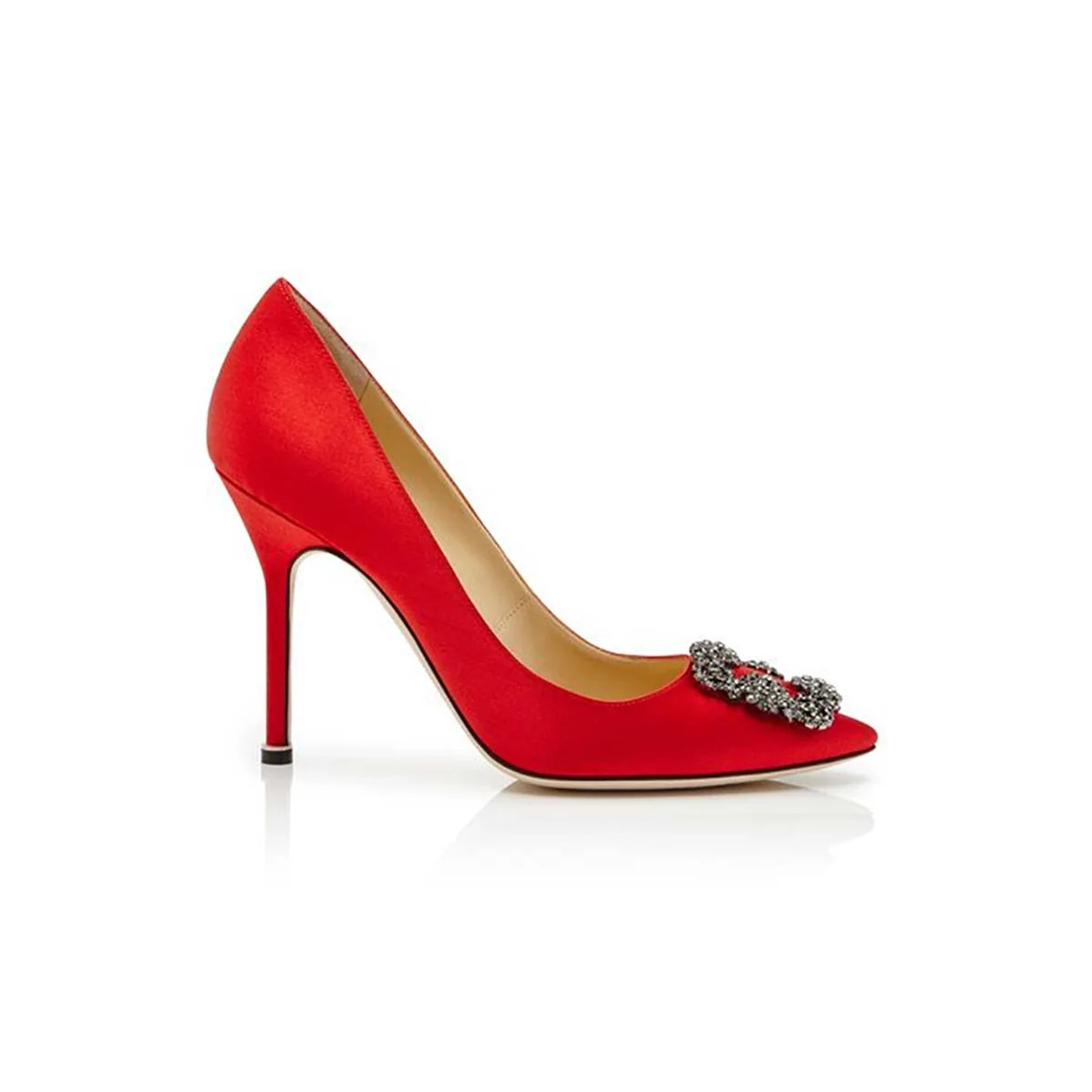 Manolo Blahnik Hangisi Satin Jewel Buckled Pumps Shoes Red for Women Manolo Blahnik Hangisi Satin Jewel Buckled Pumps Shoes Red for Women