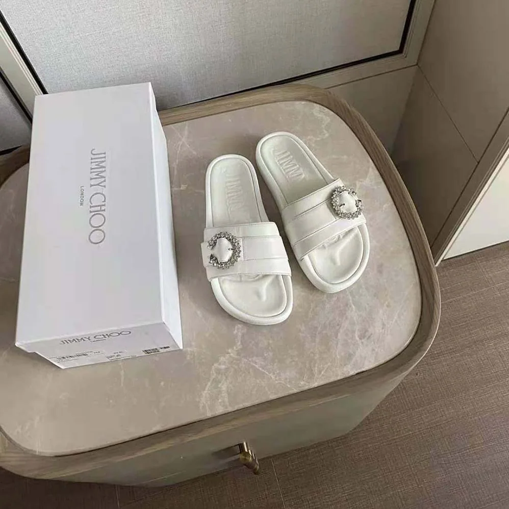 Jimmy Choo Fallon White Nappa Leather Slides with Crystal Buckle for Women Jimmy Choo Fallon White Nappa Leather Slides with Crystal Buckle for Women