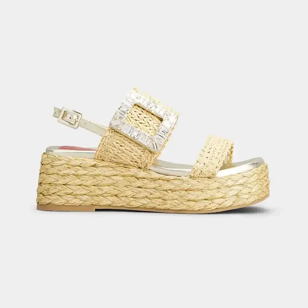 Roger Vivier Strass Buckle Wedge Sandals in Raffia for Women Roger Vivier Strass Buckle Wedge Sandals in Raffia for Women