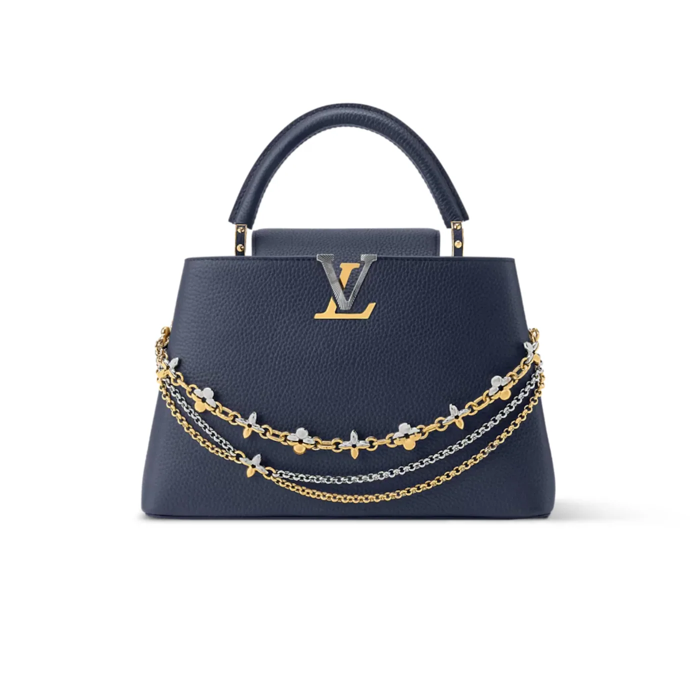 Louis Vuitton Capucines MM Top Handle Bag / Navy Blue Silver/ Gold Hardware