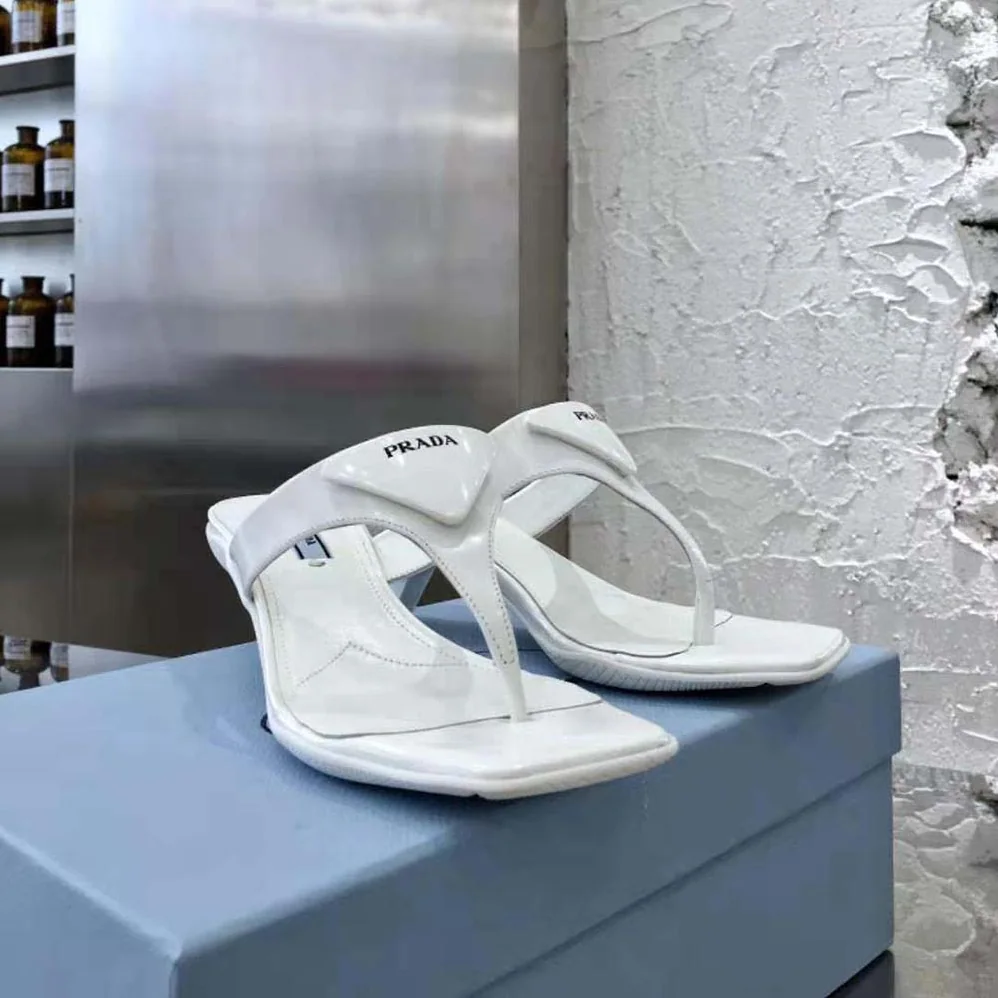 Prada Brushed Leather High-heeled Thong Sandals for Women in White