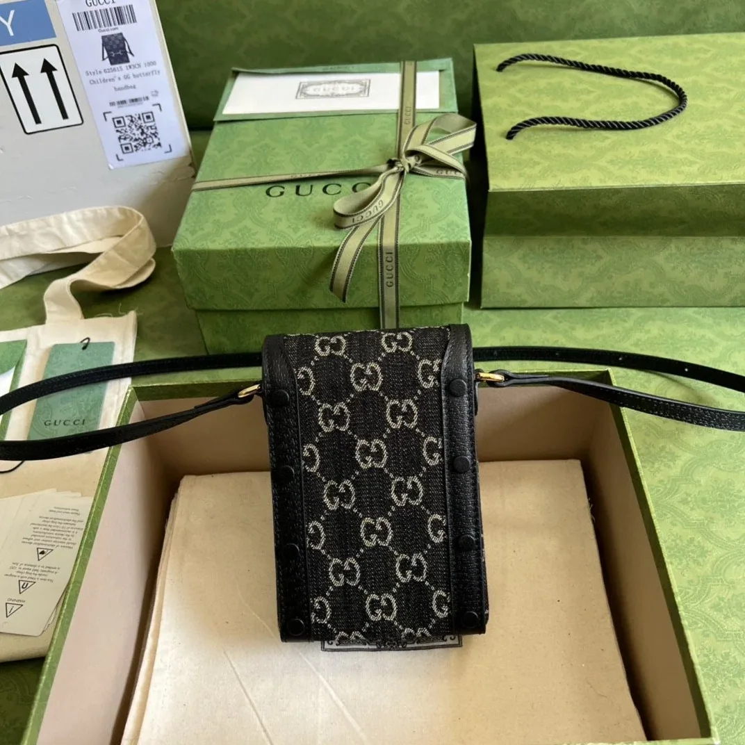 Gucci Horsebit 1955 Mini Bag Black And Ivory GG Denim Jacquard /