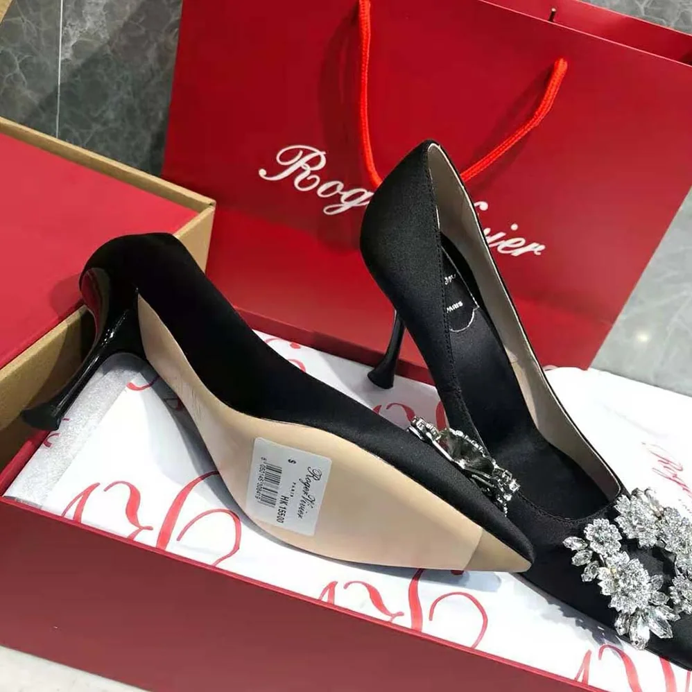 Roger Vivier RV Bouquet Strass Buckle Pumps in Satin for Women in Black