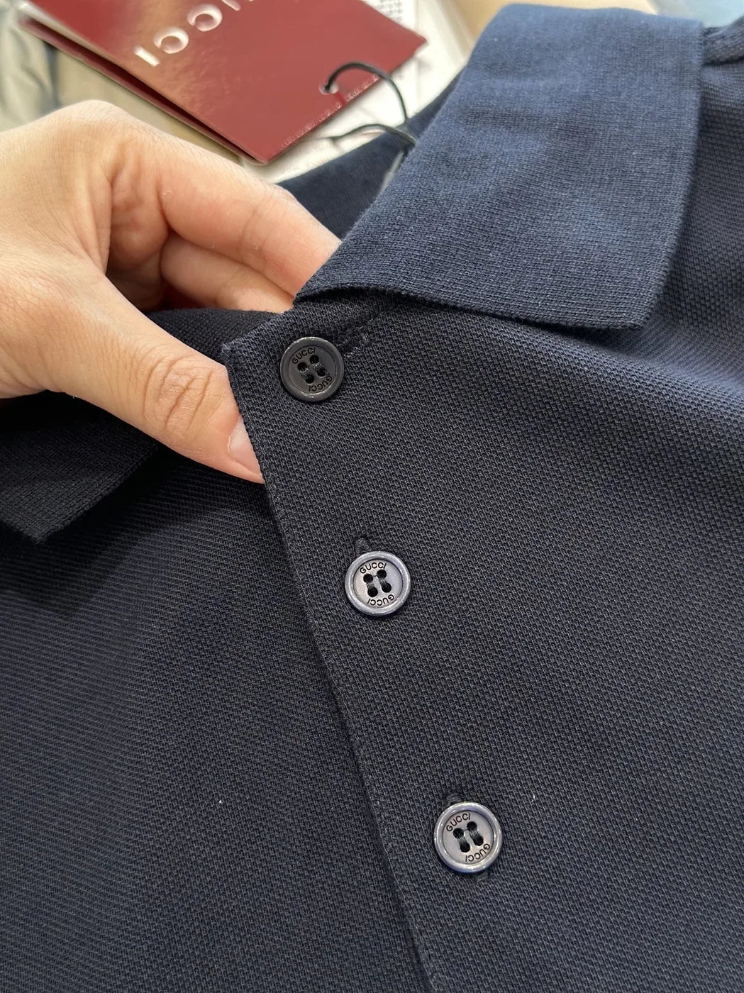 Gucci Web Stripe Pique Polo Shirt Navy Blue