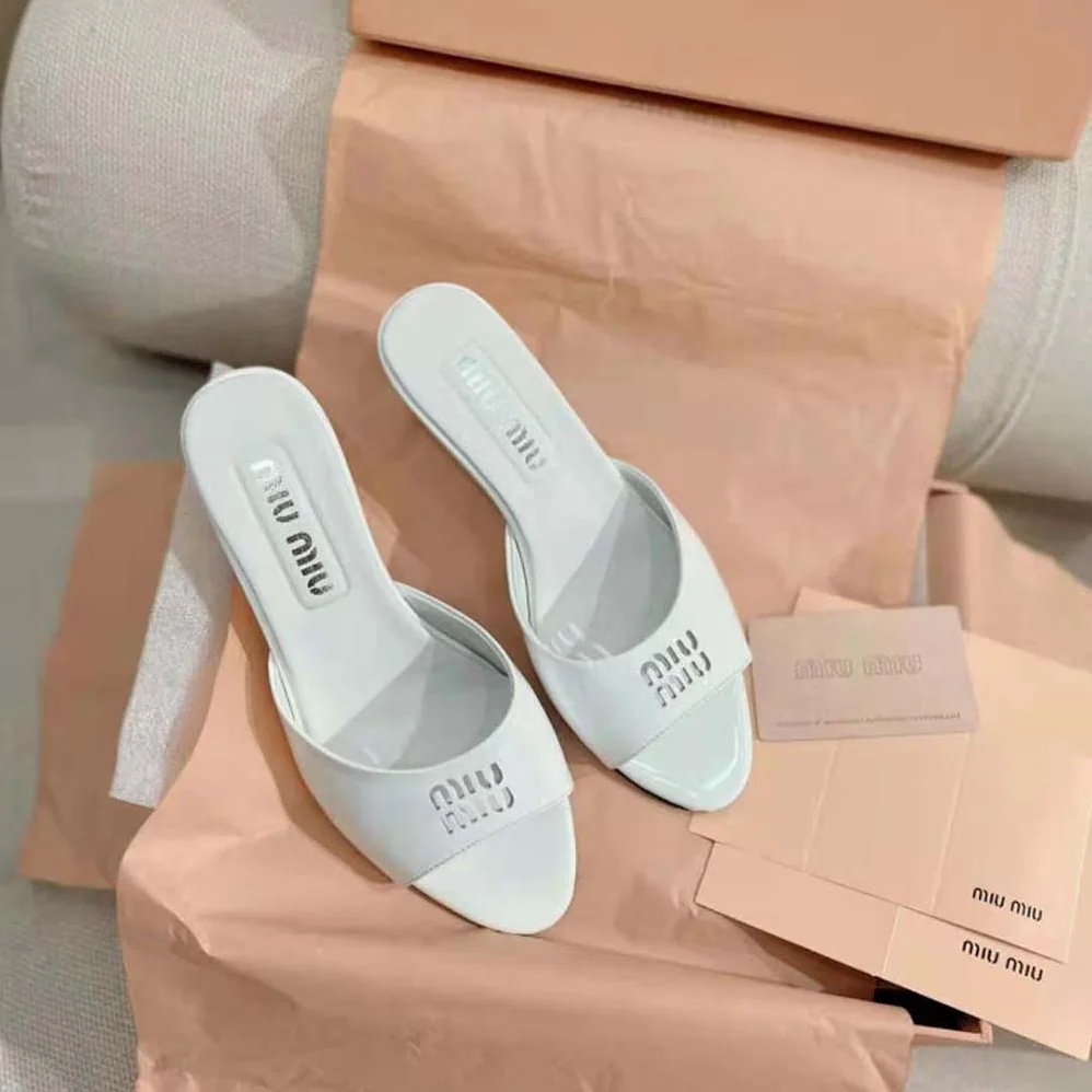 Miu Miu Patent Leather Sandals in 45 mm Heel Height for Women in White Miu Miu Patent Leather Sandals in 45 mm Heel Height for Women in White