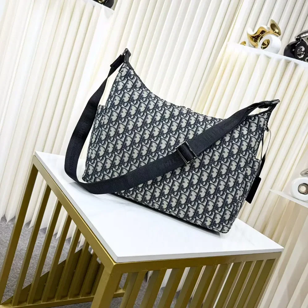 Dior Medium Rider Soft Hobo Bag Beige and Black Dior Oblique Jacquard with Black Grained Calfskin for Men