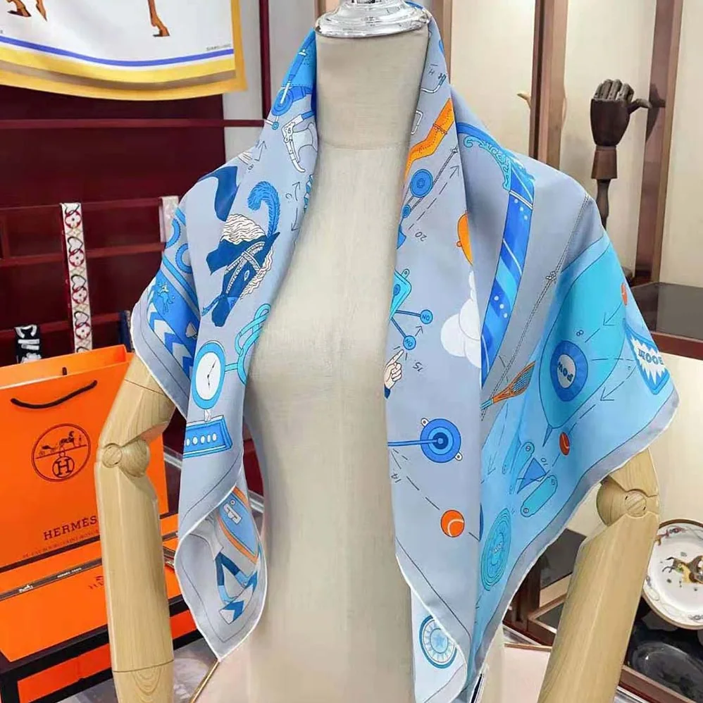 Hermes Tea for Two Scarf 90 in Silk Twill with Hand-Rolled Edges for Women in Blue Hermes Tea for Two Scarf 90 in Silk Twill with Hand-Rolled Edges for Women in Blue