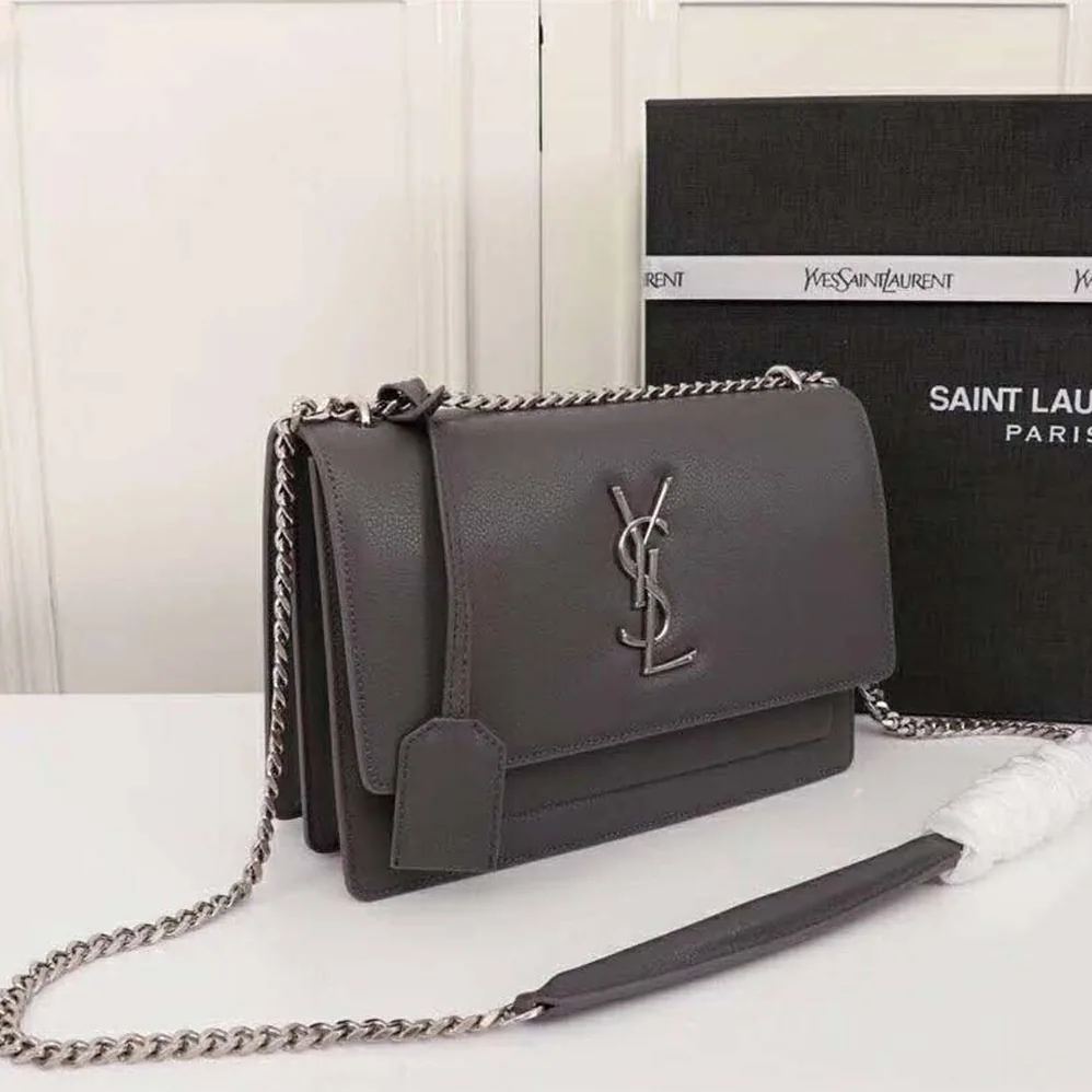 Saint Laurent YSL Medium Sunset Bag in Calfskin Leather in Grey