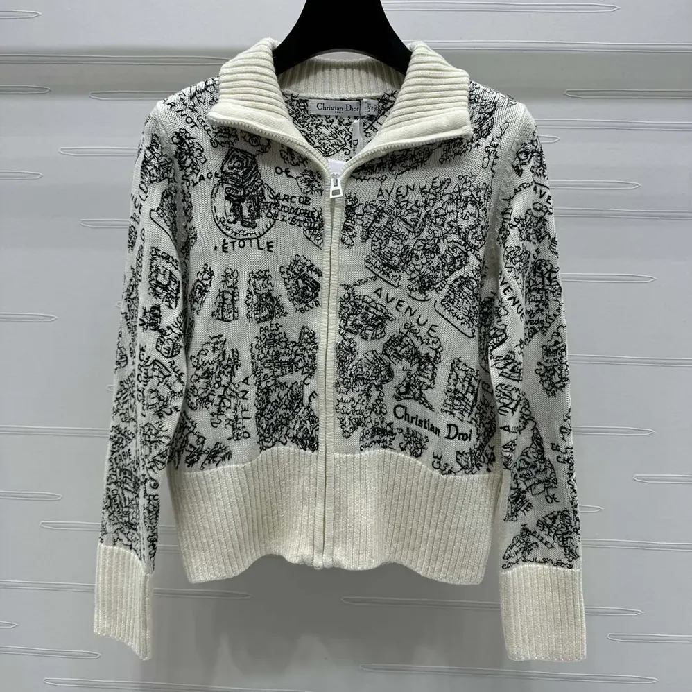 Dior DiorAlps Mock-Neck Cardigan White and Black Wool and Cashmere Knit for Women