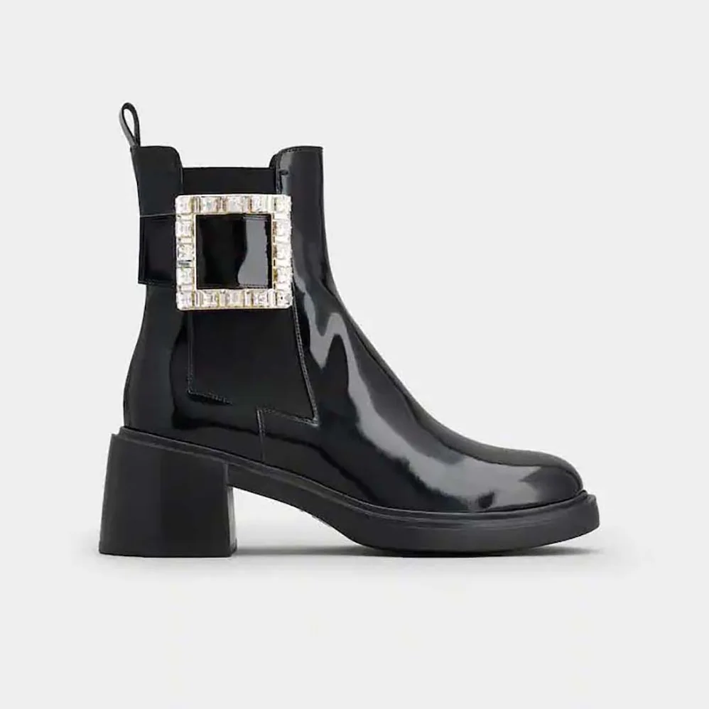 Roger Vivier Viv' Rangers Strass Buckle Chelsea Ankle Boots in Patent Leather for Women Roger Vivier Viv' Rangers Strass Buckle Chelsea Ankle Boots in Patent Leather for Women