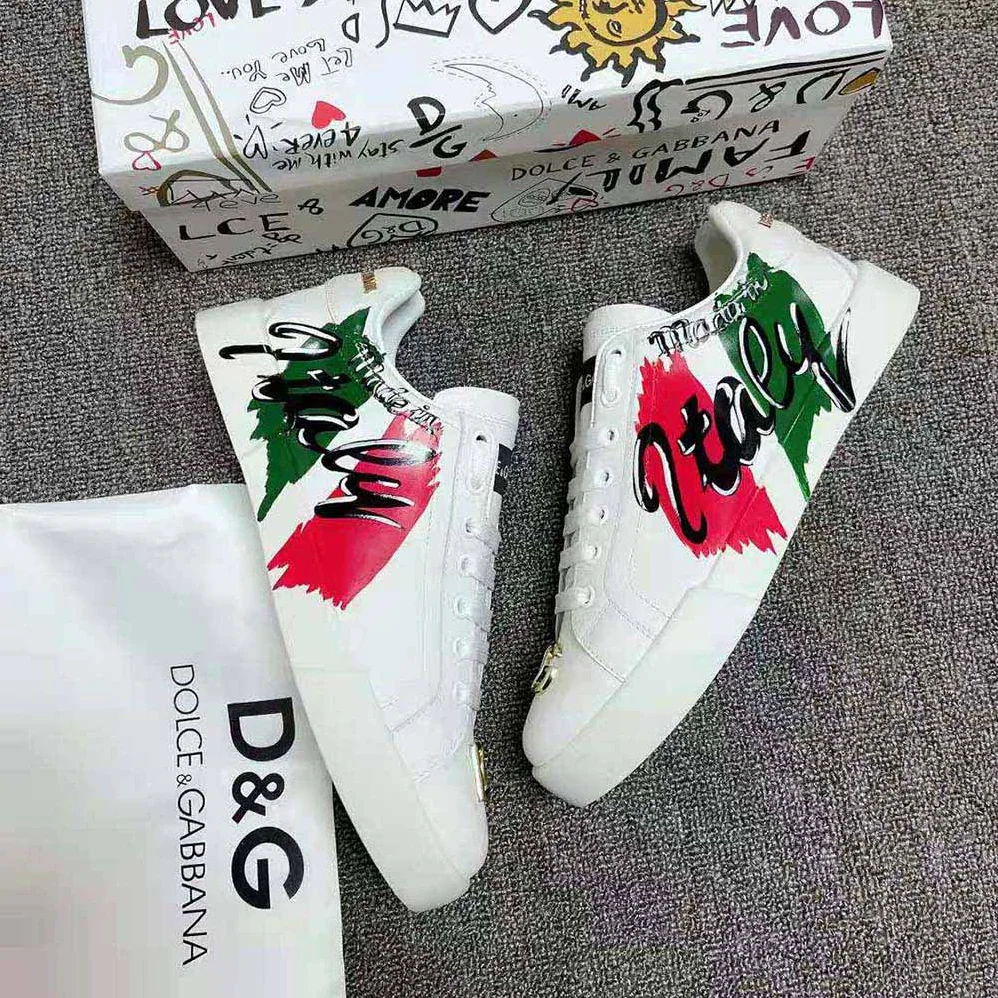 Dolce Gabbana D&G Calfskin Portofino Light Sneakers with Print for Women in White